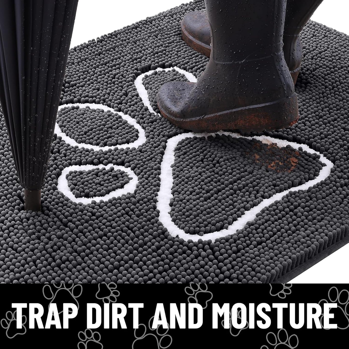 Smiry Dog Door Mat for Muddy Paws, Absorbent Dirt Trapper Non Slip Quick Dry Washable Chenille Mat for Mud Dogs, Entry Rug for Indoor and Outdoor (59x24 Inches, Dark Grey and White)