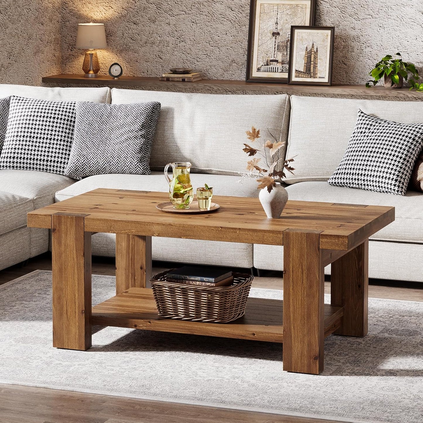 47" Large Coffee Table with Storage Shelf, Solid Wood Heavy-Duty Rustic Brown Farmhouse Living Room Furniture Center Table Holds Up to 350 lb