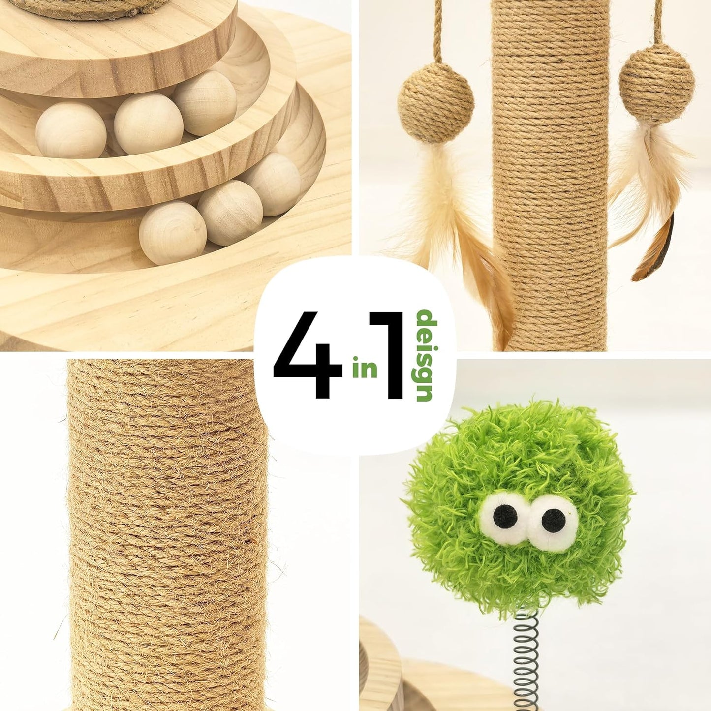 TINYBEAST Wooden Cat Scratching Post fot Kittens, 4 in 1 Cat Scratcher Toy with Cat Ball Tracks, 18" Tall Sisal Scratch Post for Indoor Kittens, Interactive Feather Toy and 2 Sisal Hanging Balls
