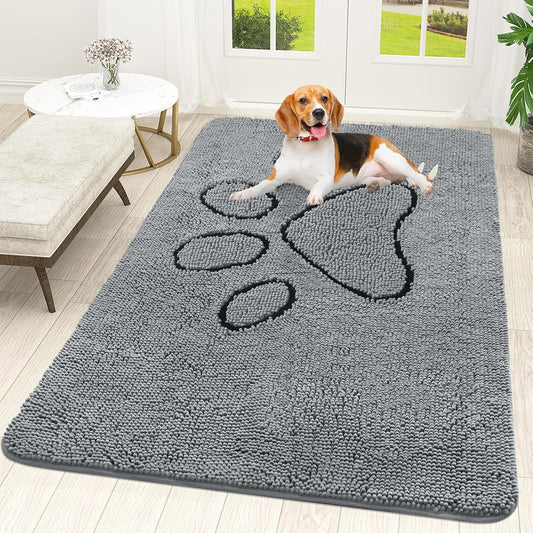 OLANLY Door Mat for Muddy Dog Paws 70x46, Ultra Absorbent Chenille Mud Doormat with Paw Print Design, Non-Slip Washable Doormat for Indoor Entryway, Quick-Dry Pet Bed Mats for Dirty Dogs, Grey