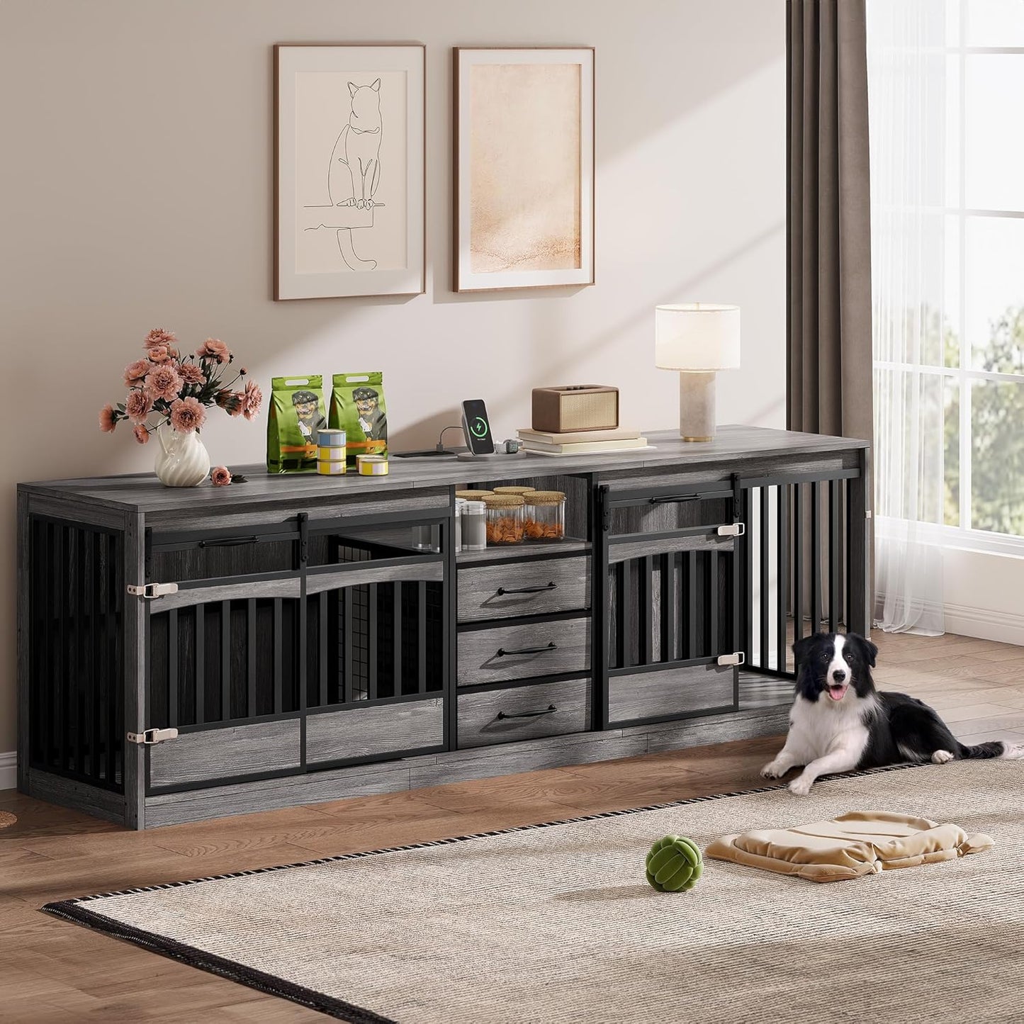 86.61" Large Double Dog Crate Furniture with 3 Storage Drawers Farmhouse Dog Kennel TV Stand Indoor for 2 Large Medium Dogs Decorative Dog Cage with Sliding Barn Door & Power Outlets Grey