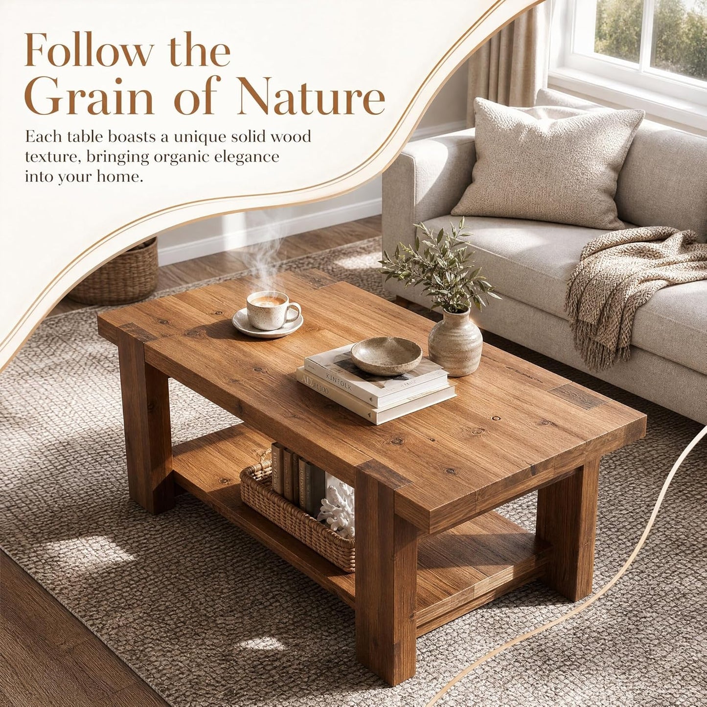 47" Large Coffee Table with Storage Shelf, Solid Wood Heavy-Duty Rustic Brown Farmhouse Living Room Furniture Center Table Holds Up to 350 lb