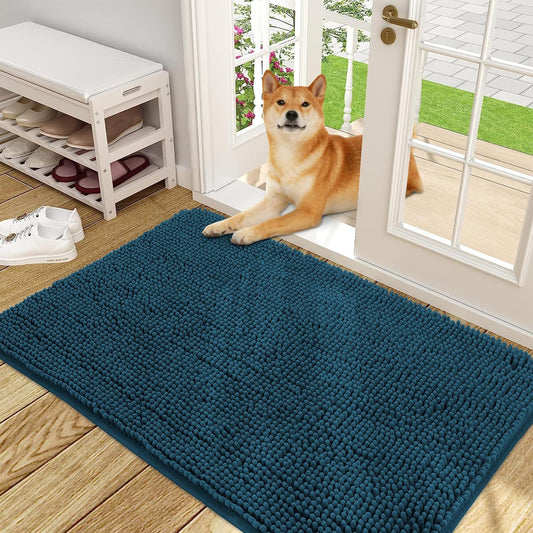 OLANLY Dog Door Mat for Muddy Paws 48x30, Absorbs Moisture and Dirt, Absorbent Non-Slip Washable Doormat, Quick Dry Chenille Mud Mat, Entry Indoor Entryway Carpet for Inside Floor, Atlantic Blue