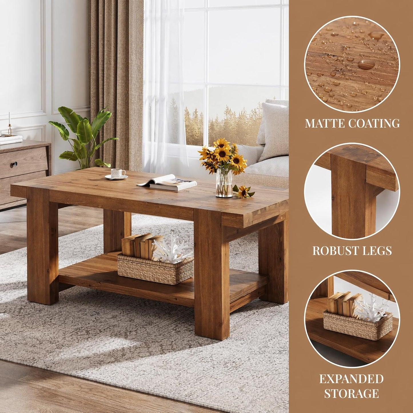 47" Large Coffee Table with Storage Shelf, Solid Wood Heavy-Duty Rustic Brown Farmhouse Living Room Furniture Center Table Holds Up to 350 lb