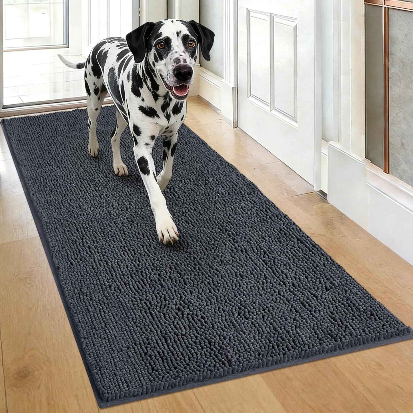 Super Absorbent Dog Door Mat for Muddy Paws, 72"x24" Dirt Trapper Non-Slip Chenille Mat for Mud Dogs, Machine Washable Quick Dry Indoor Entryway Rug,Dark Grey