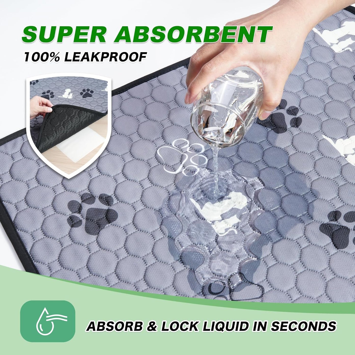 Washable Pee Pads for Dogs Mat, 2 Pack Absorbent Reusable Training Dog Pads Pet Puppy Pads, Non-Slip Potty Pads for Whelping, Playpen, Crate, Bed, Grey 24"x36"