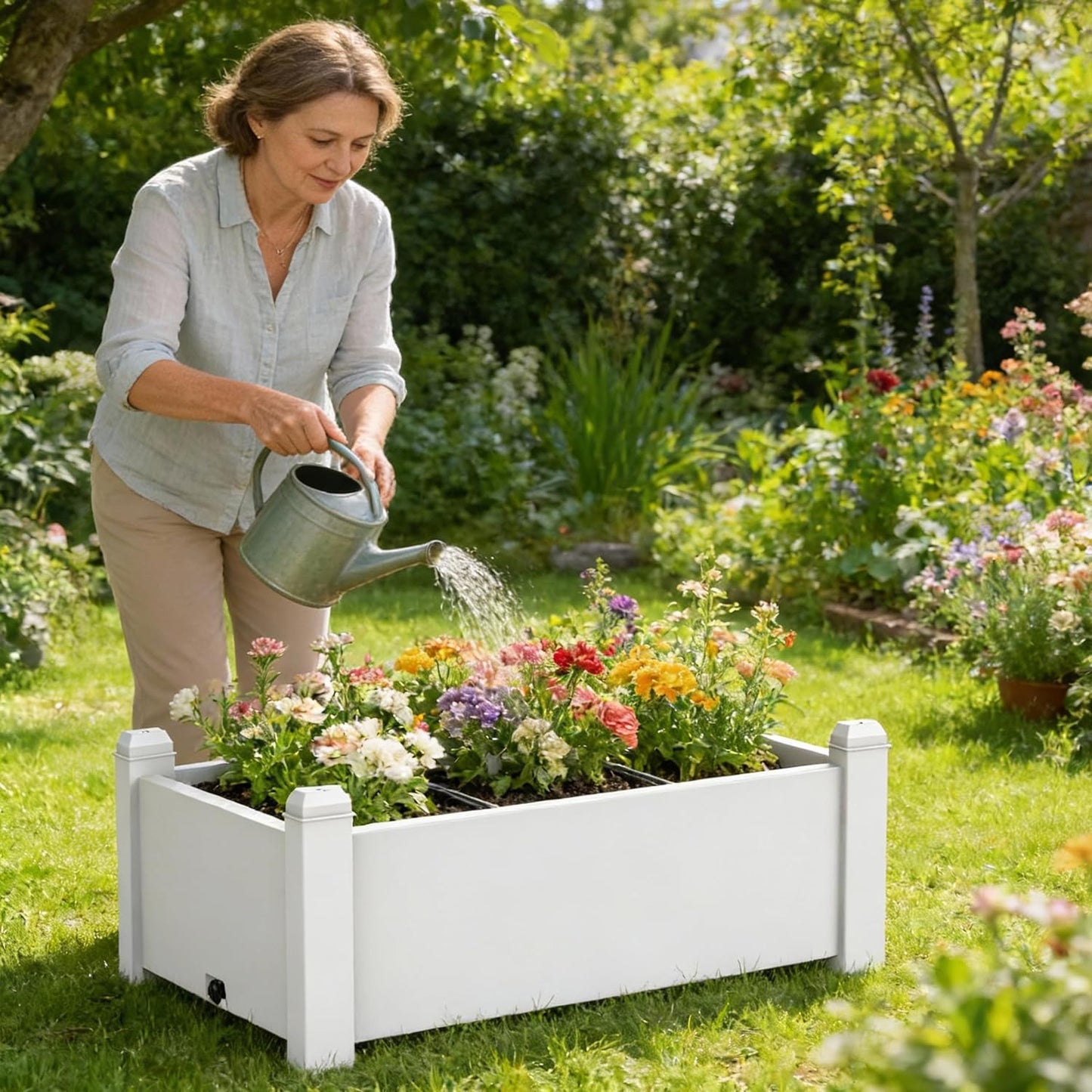 Elevated Raised Garden Bed, 14 Gallon Outdoor Large Resin Patio Planter Box Stand Divisible with Drain Plug, Water Monitor for Plants Vegetables Flowers Fruits (Ashen)