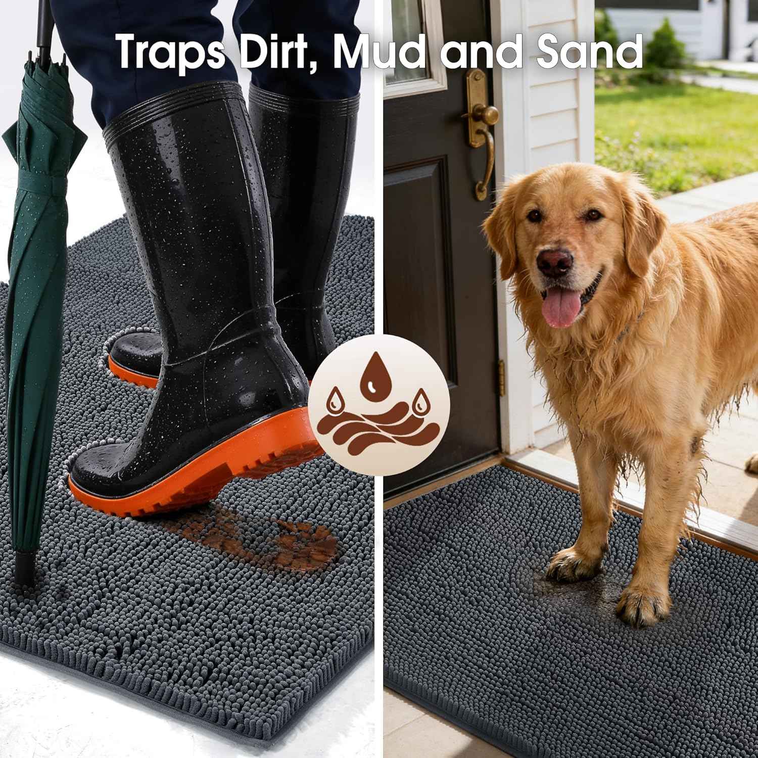 Super Absorbent Dog Door Mat for Muddy Paws, 72"x24" Dirt Trapper Non-Slip Chenille Mat for Mud Dogs, Machine Washable Quick Dry Indoor Entryway Rug,Dark Grey