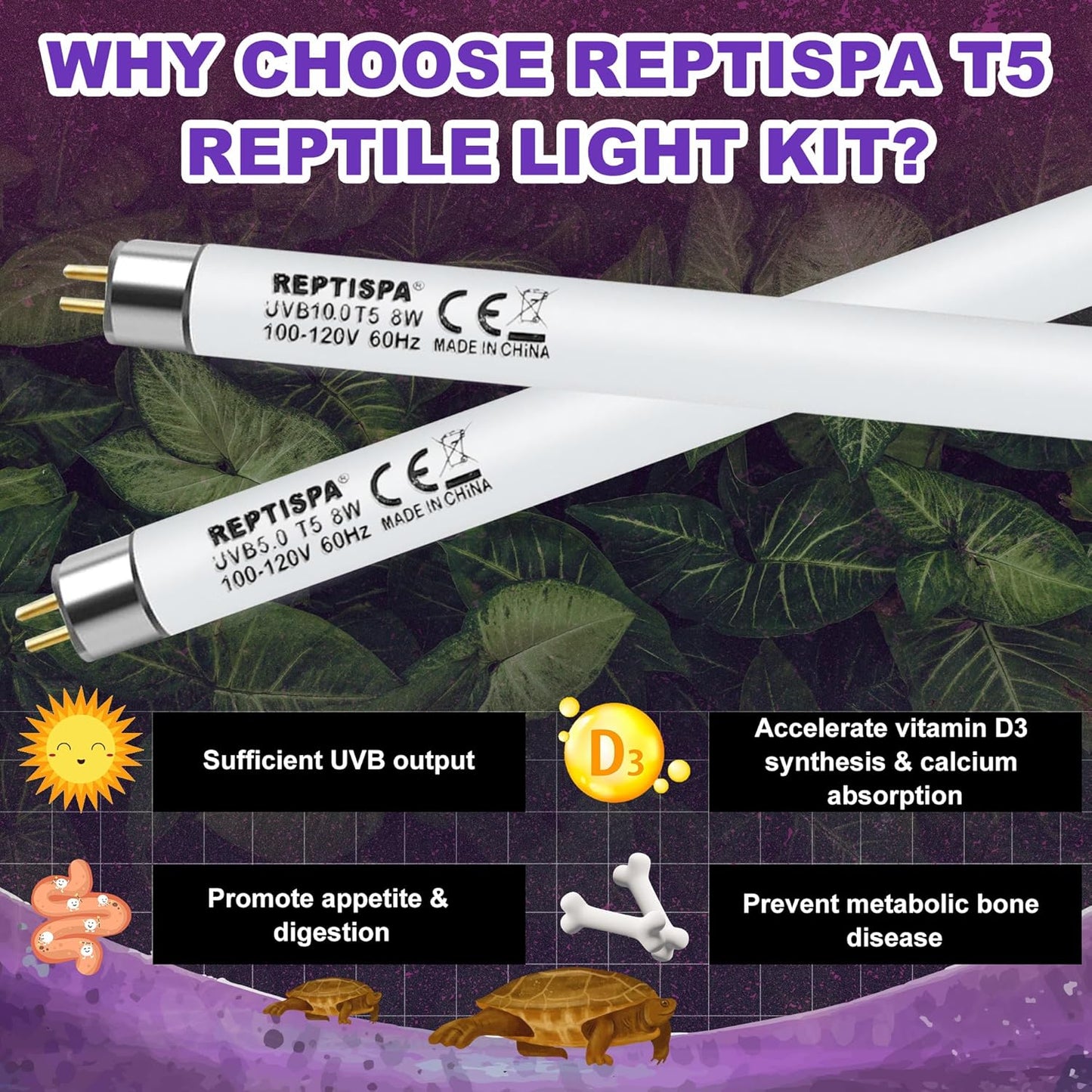 10.0 UVB Light for Reptiles, T5 HO 8 Watt Reptile Lamp Tube, Pack of 2 Fluorescent UVB Bulb, Basking Light for Bearded Dragon, Simulate Natural Sunlight for Reptiles and Amphibians