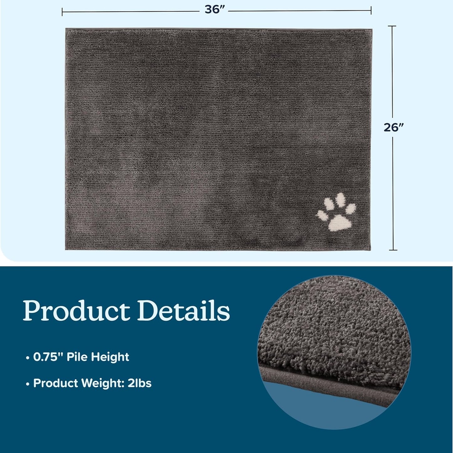 Dog Door Mat - 36x26-Inch Large Entryway Rug with Non-Slip Back - Super Absorbent Microfiber Dog Mat for Muddy Paws, Wet Shoes, and Dog Bowls - Machine Washable Mud Mats for Dogs by PETMAKER (Gray)