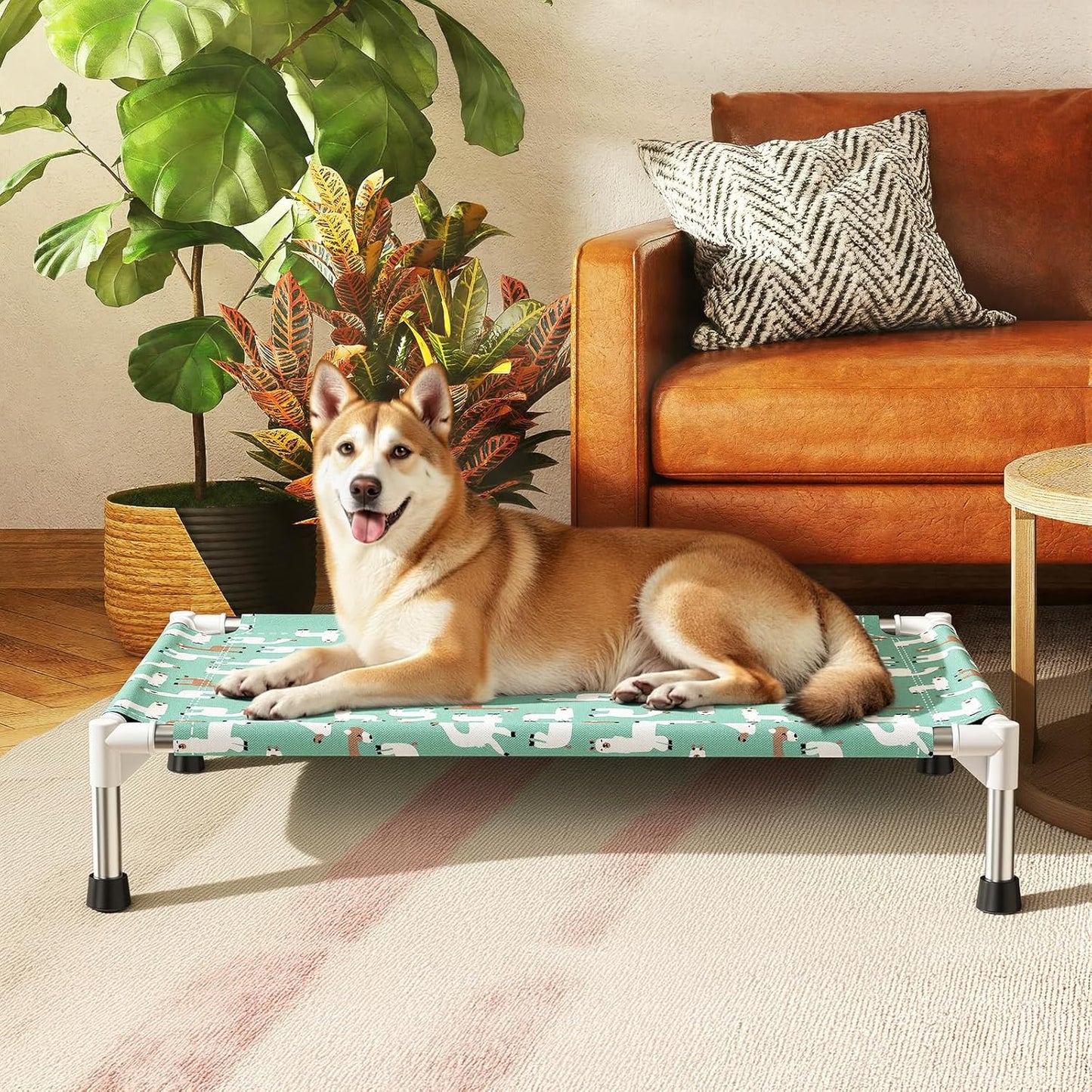 Cute Alpaca Print Elevated Dog Bed - Portable Cooling Pet Cot for Medium Dogs - Breathable Thickened Fabric Hammock, Crate Compatible, Indoor & Outdoor Use