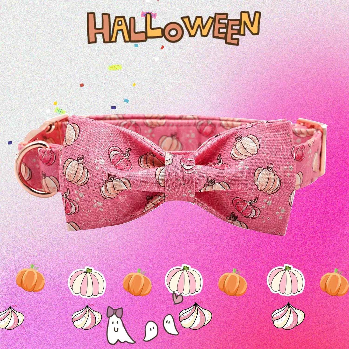 Elegant Little Tail Dog Collar with Bow, Adjustable Halloween Pumpkin Bowtie Collar for Small to Large Dogs