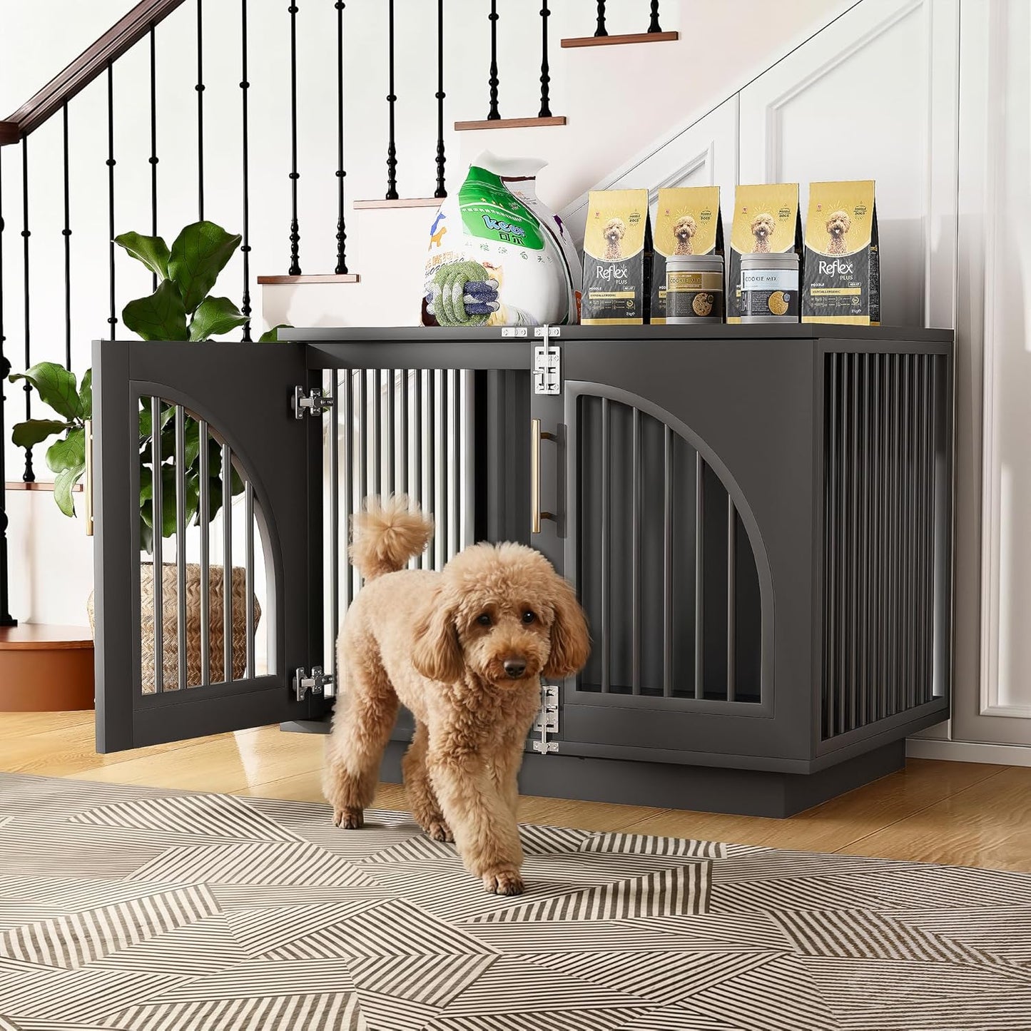 Kepptory Wooden Dog Crate Furniture End Table, Decorative Pet Kennel with Double Doors & Secure Latches for Small Medium Dogs, Black