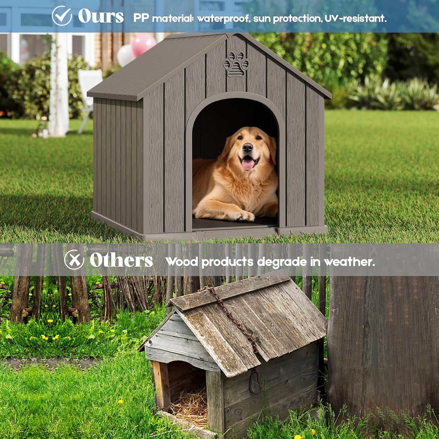 Large Dog House Outdoor Indoor for Medium Large Dogs, Durable Plastic Waterproof Doghouse with Air Vents and Elevated Floor, Easy Clean and Assemble (Grey, 36.2''L×38''W×38''H)