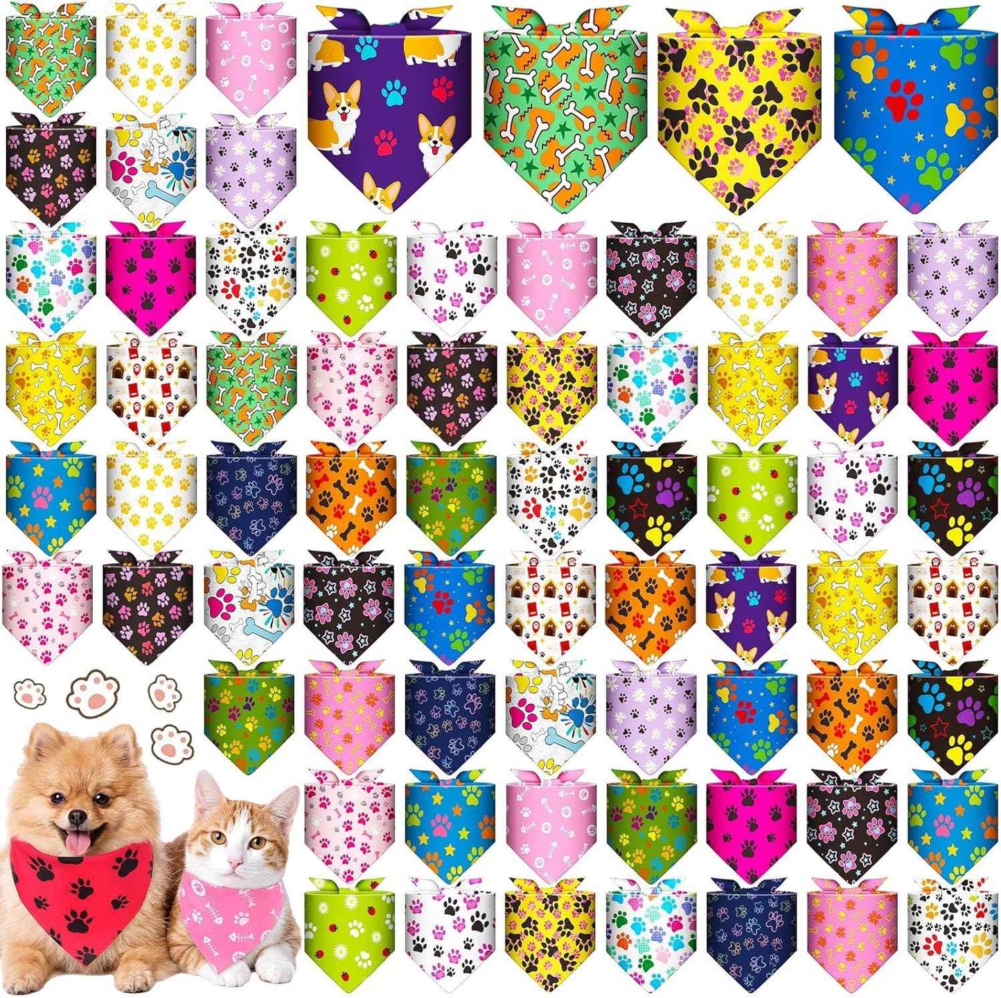 Hillban 72 Pcs Paw Dog Bandanas Bulk, Colorful Triangle Scarf Paw Pattern Pet Scarf Soft Cute Dogs Triangle Scarves Bone Dog Bandana Bibs for Pet Party Costume Photo Props, Small and Medium Pets