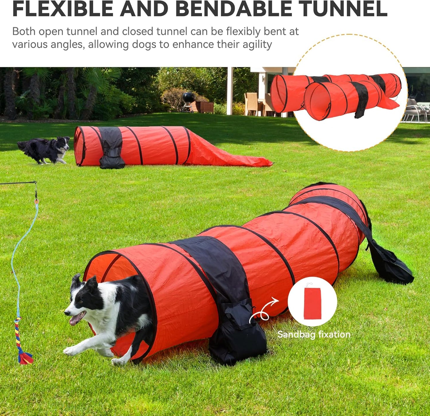 YITAHOME Dog Agility Training Equipment Set with 2 Flexible Tunnels, 2 Hurdles, Jump Ring, 6 Weave Poles, Pause Platform, Teaser Pole, 3 Flying Discs, and Carry Bags for Indoors Outdoors, Orange/Blue