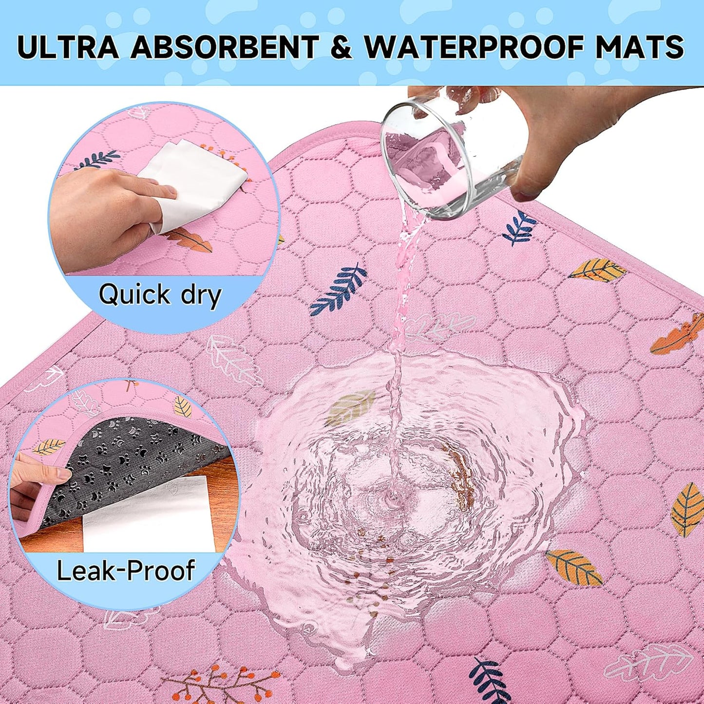 Sunheir Washable Pee Pads for Dogs 2-Pack Reusable Puppy Pads Pet Training Pads, Waterproof Dog Pee Pads for Crate, Whelping Pad, Non-Slip Protects Against Urine Leakage (Leaves - Pink, 18x24)